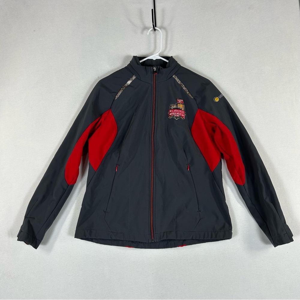 Miller Coors Brewing Company Jacket Women’s L Soft Shell Gray Red Pockets Zip Up